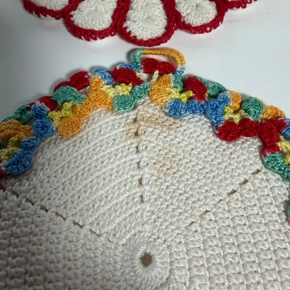Vintage Handmade Crocheted Potholders Trivets Lot of 9 Floral Retro Kitchen Deco